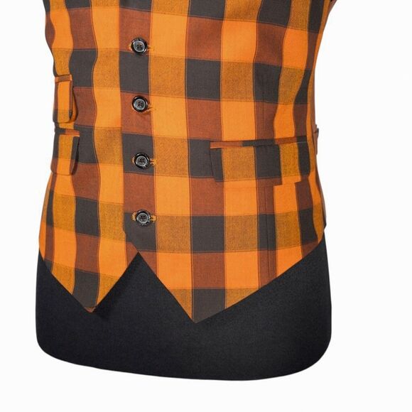 Mens Waistcoat Suit Lapel Vest 40R Orange Green Plaid Check Formal Wedding Party - Picture 7 of 9